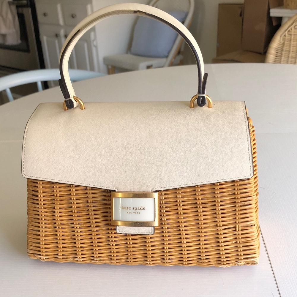 KATE SPADE Katy Halo White and Tan Wicker Top-Handle Satchel